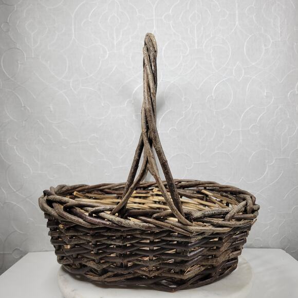 Vintage Handmade Oval Stick Basket 16" Large Rustic Garden Easter Basket Decor - Picture 8 of 10